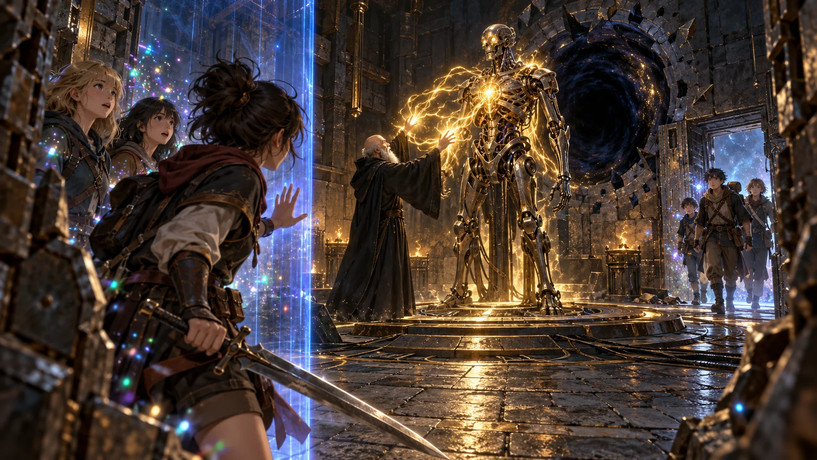 Lupe and five classmates face Bellamy’s golden-charged robotic skeleton in a dark ritual chamber as blue system barriers and rainbow nanos appear.