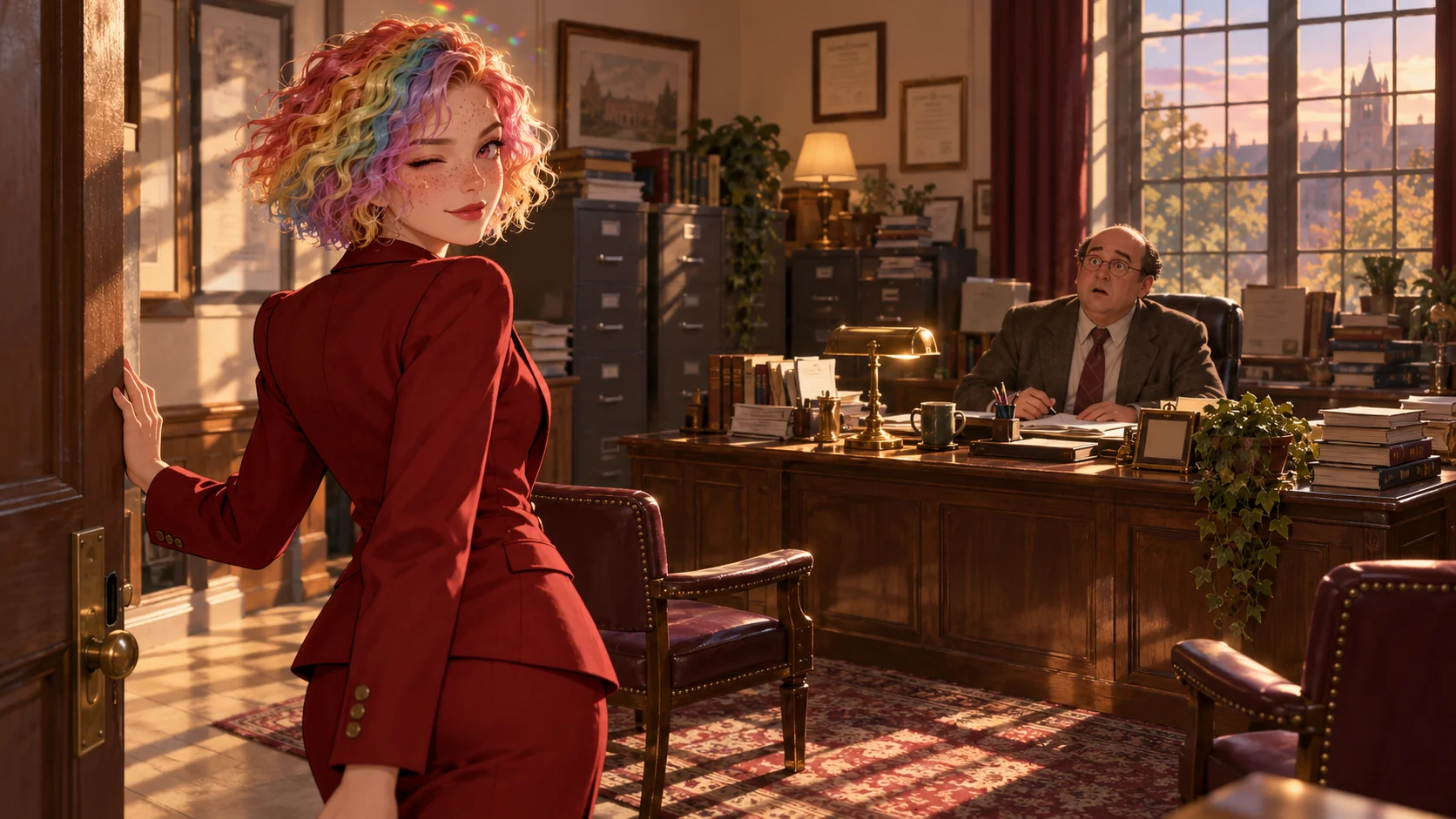 Freckled Bijou, with short rainbow-crimped hair and a crimson suit, winks back from the office door at a stunned, balding Principal Werner.