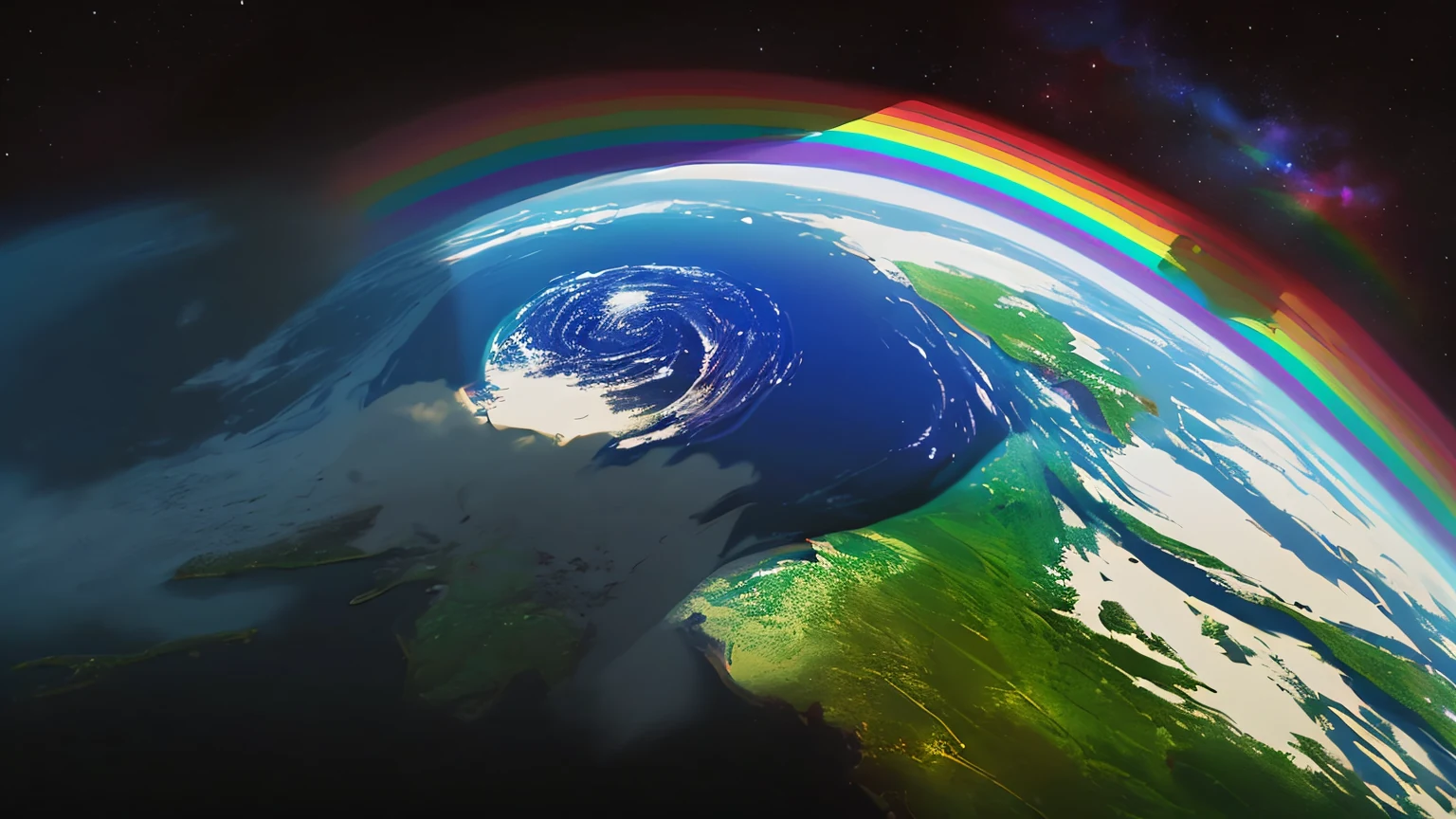 The curve of a blue Earth beneath a rainbow in space.