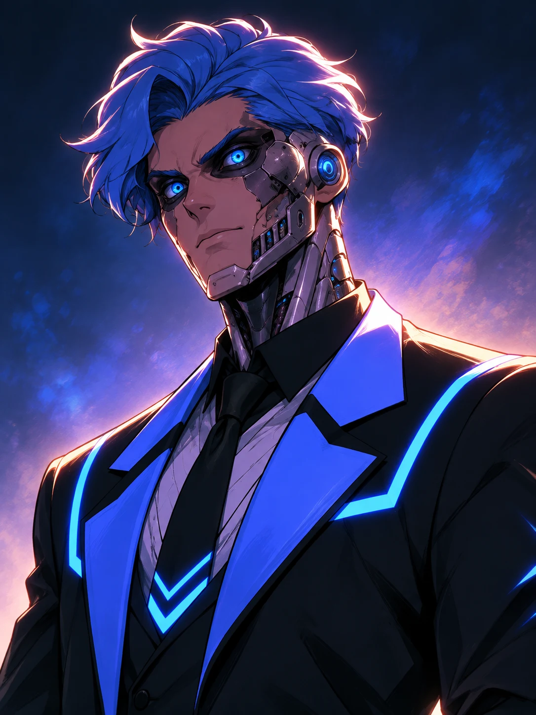 Eph with swept blue hair, glowing blue eyes and exposed facial cybernetics in a cyan-trimmed black suit.