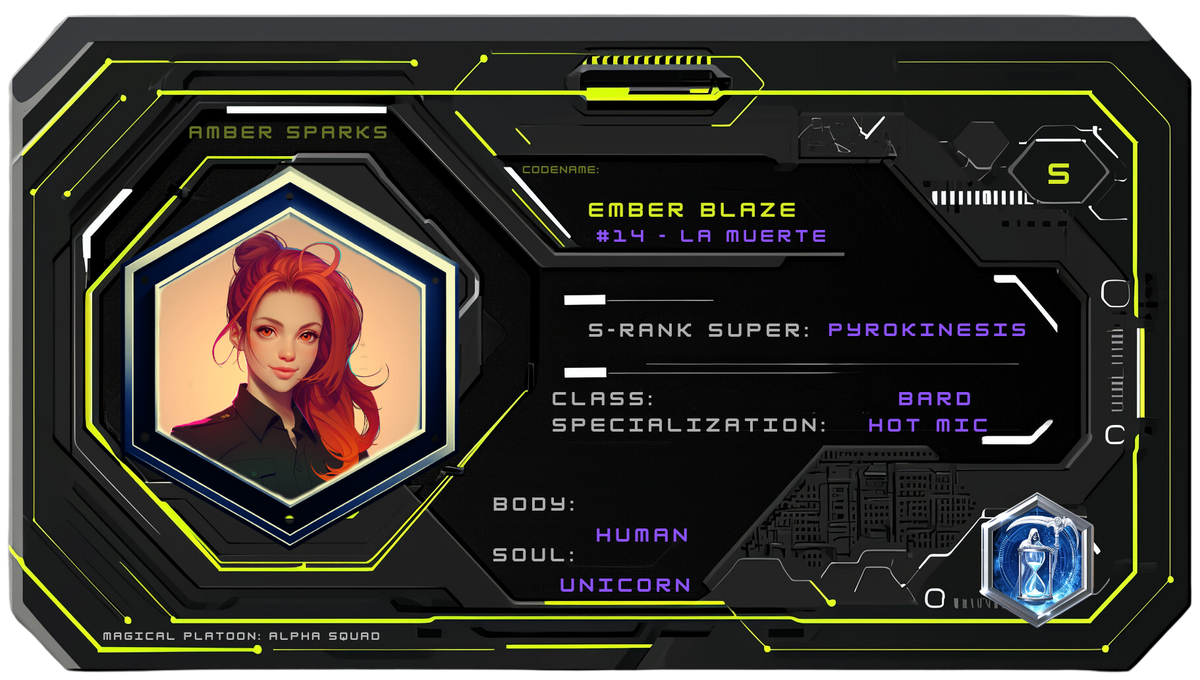 Reference ID card printed Amber Sparks. Codename Ember Blaze; isekai filename context
