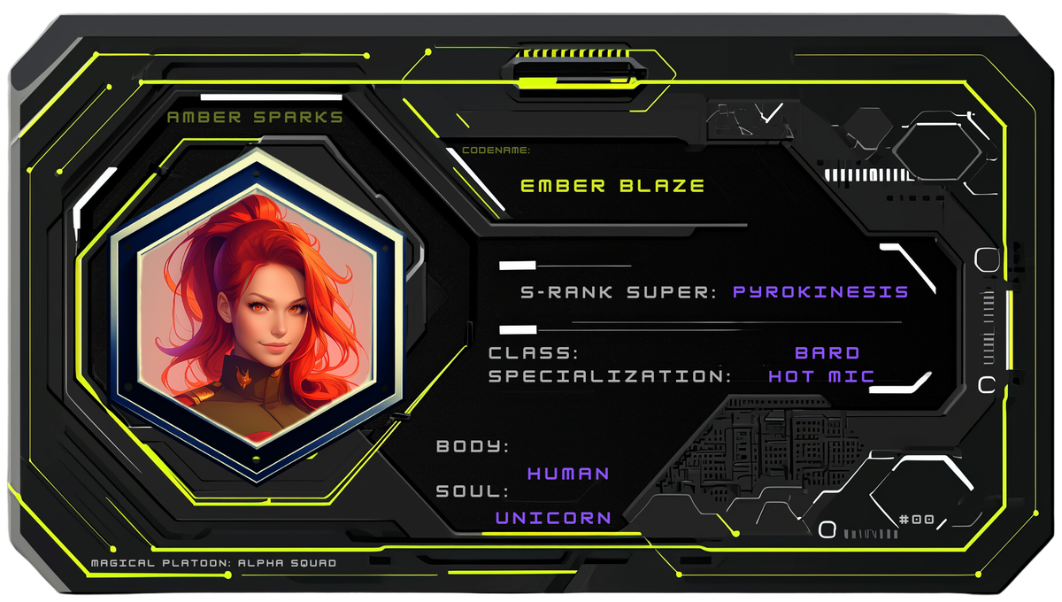 Reference ID card printed Amber Sparks. Codename Ember Blaze