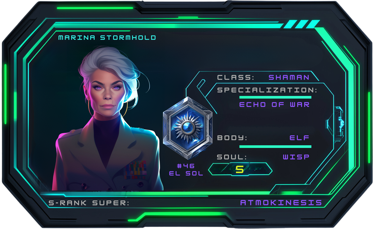 Reference ID card printed Marina Stormhold. Alpha Squad