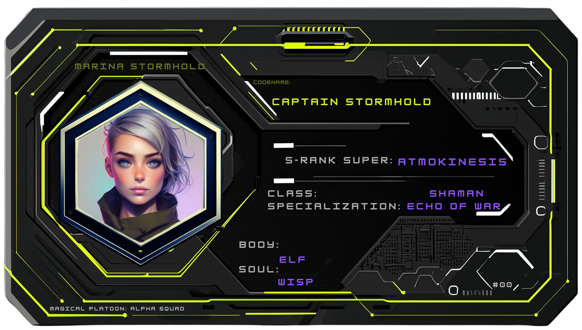 Reference ID card printed Marina Stormhold. Codename Captain Stormhold