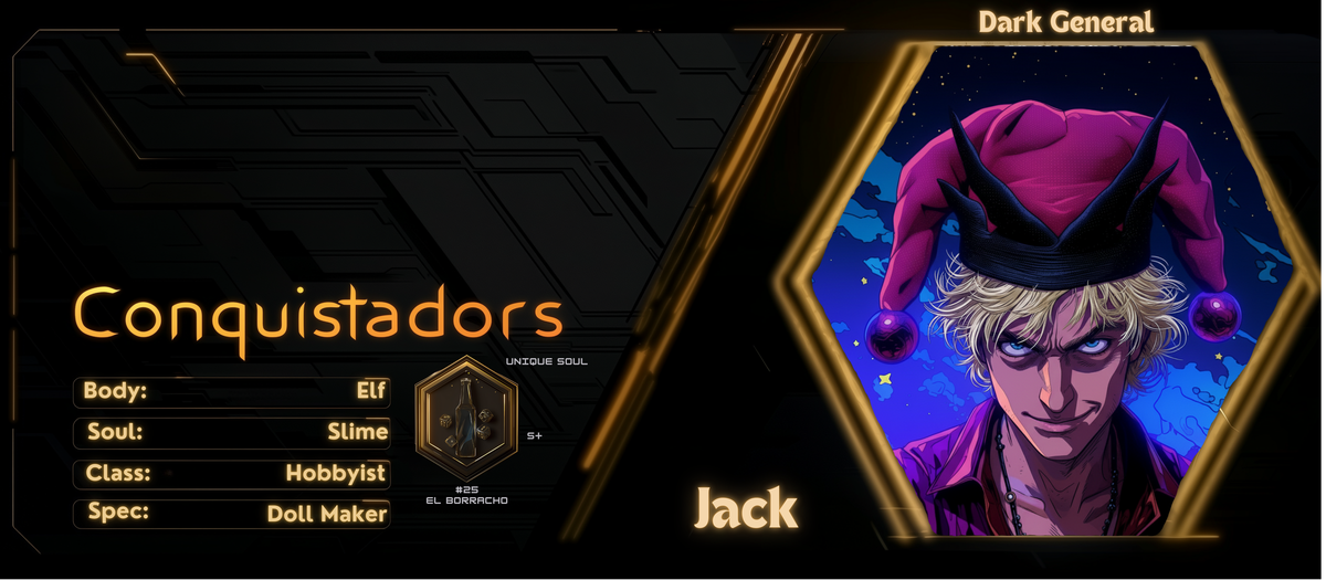 Reference ID card printed Jack. Conquistadors; Dark General