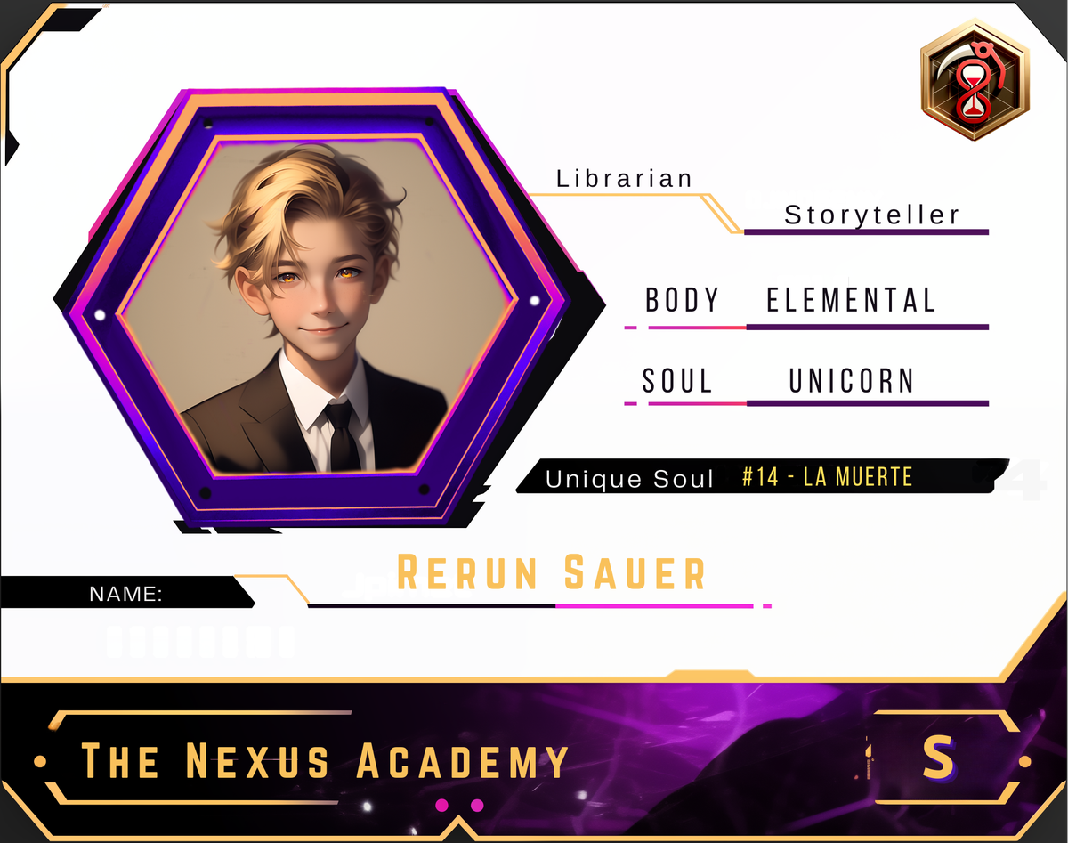 Reference ID card printed Rerun Sauer. The Nexus Academy