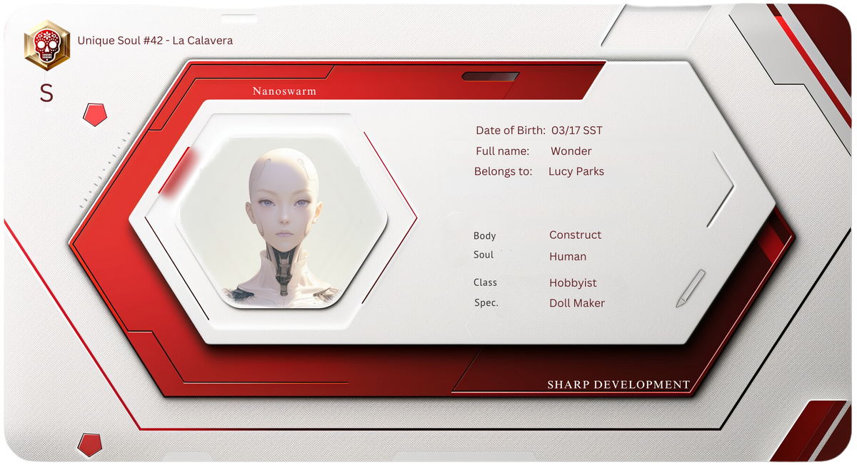 Reference ID card printed Wonder. Nanoswarm; card says belongs to Lucy Parks; DOB 03/17 SST with no year
