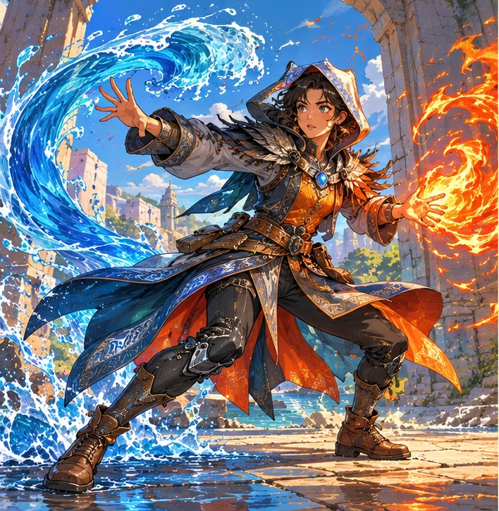 Elementalist adult woman guiding blue water curl with one hand and orange fire curl with other. Interpretive illustration.