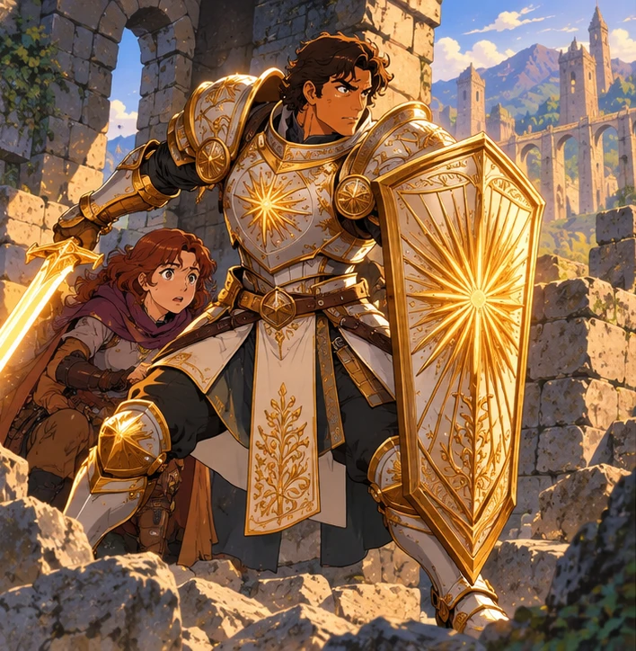 Paladin adult man guarding a teammate with a tall shield. Interpretive illustration.