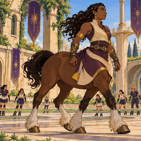 Equinixian: centaur person with powerful horse lower body and upright human torso, striding across a training courtyard. Artistic interpretation.