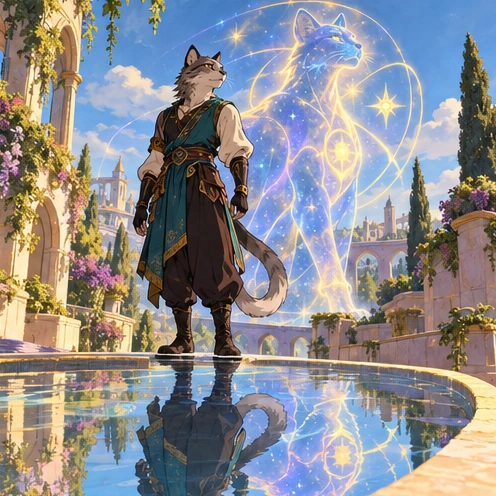 A cat-person stands beside a reflecting pool with a separate luminous spiritual silhouette behind them. Artistic visual metaphor, not a literal rules diagram.