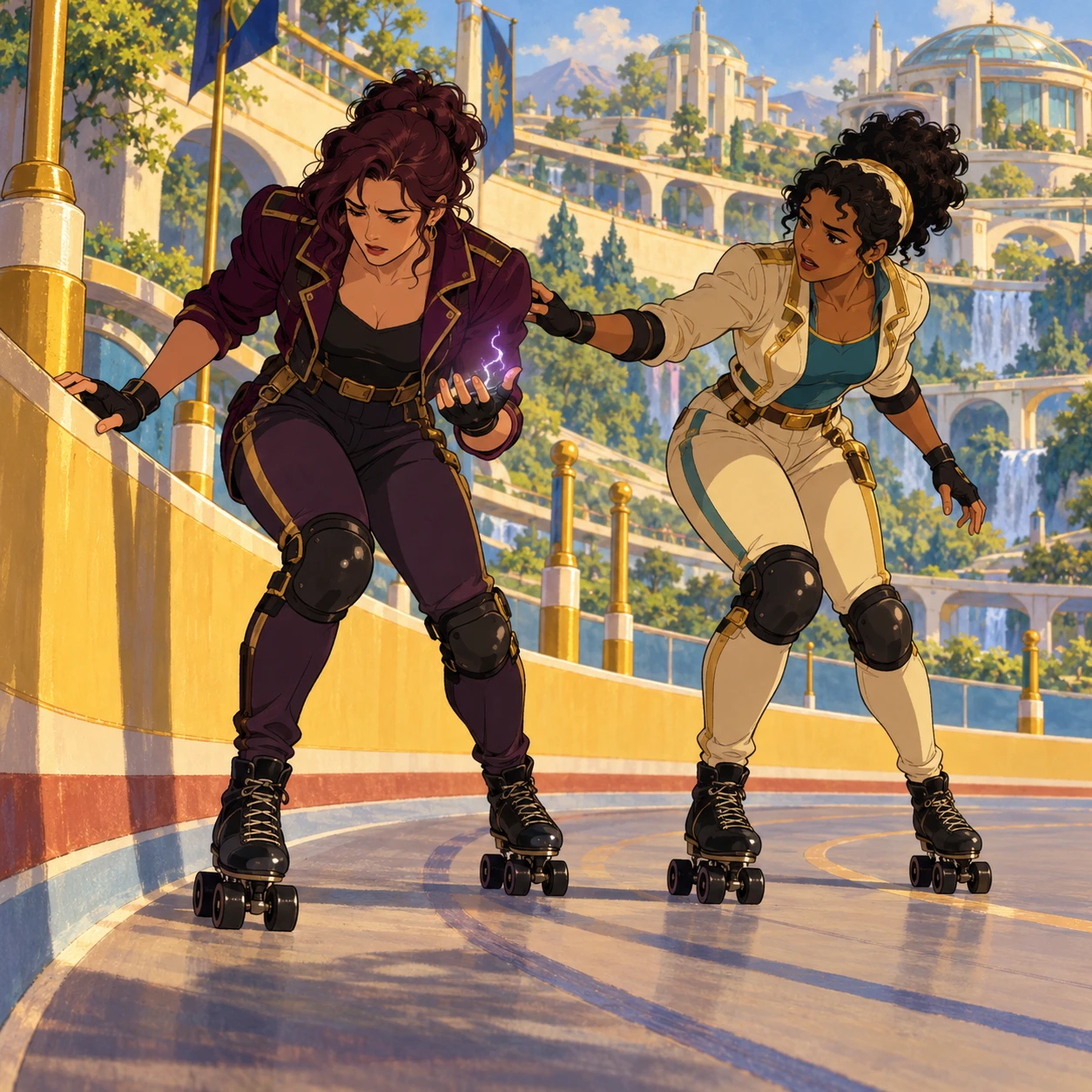 A derby skater pauses as a violet spark fizzles above her glove while a teammate offers support. Artistic interpretation of an interrupted action.