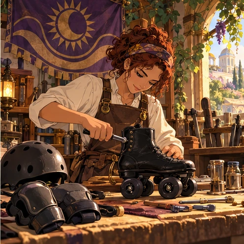 A craftsperson adjusts a black quad roller skate beside protective equipment and a banner. Artistic visual metaphor, not a literal rules diagram.