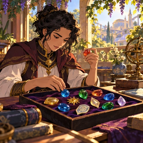 An adventurer thoughtfully selects colored glass tokens from a tray at a preparation desk. Artistic visual metaphor, not a literal rules diagram.