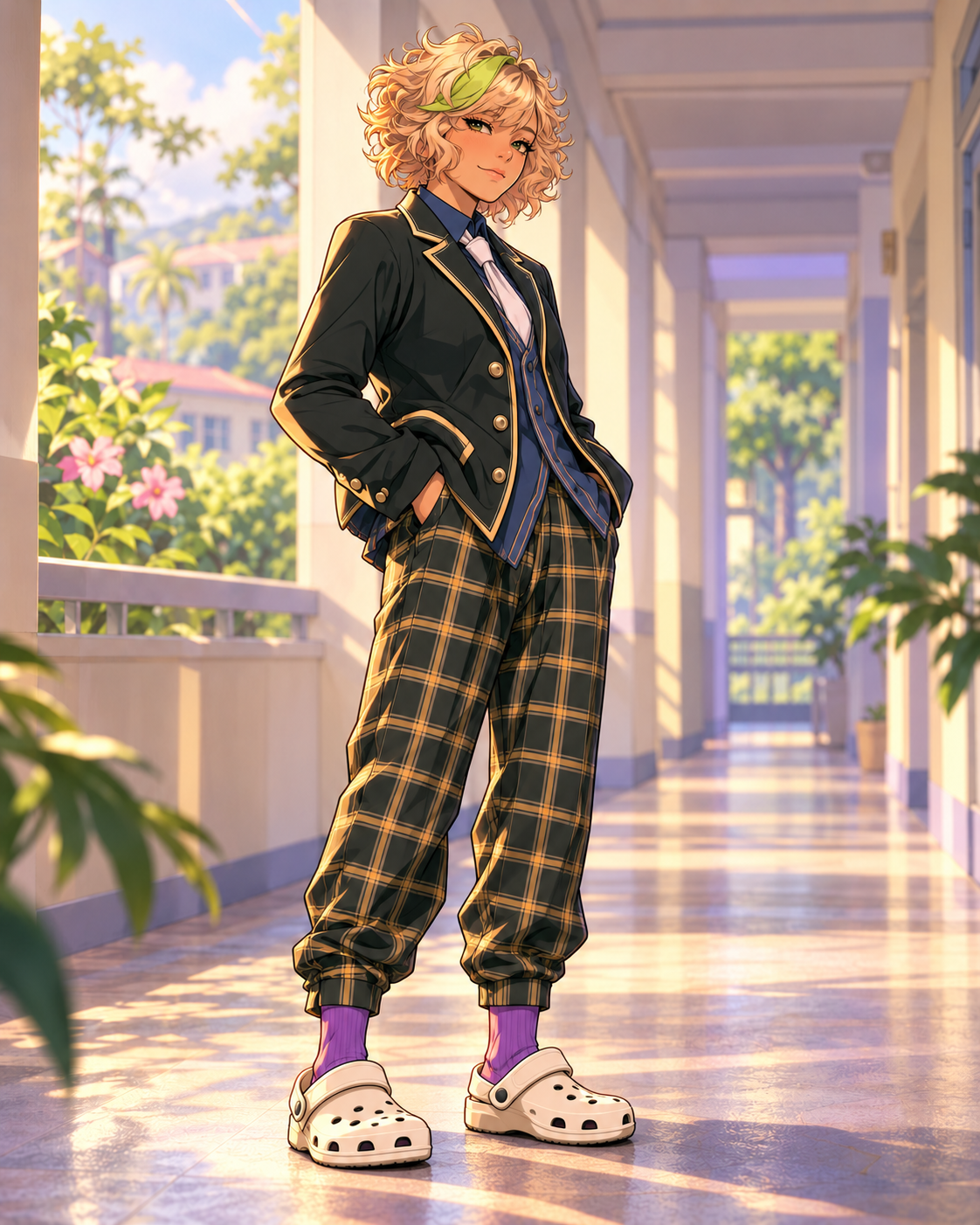 Aurora with a lime headband, gold-trimmed blazer, plaid trousers and cream clogs.