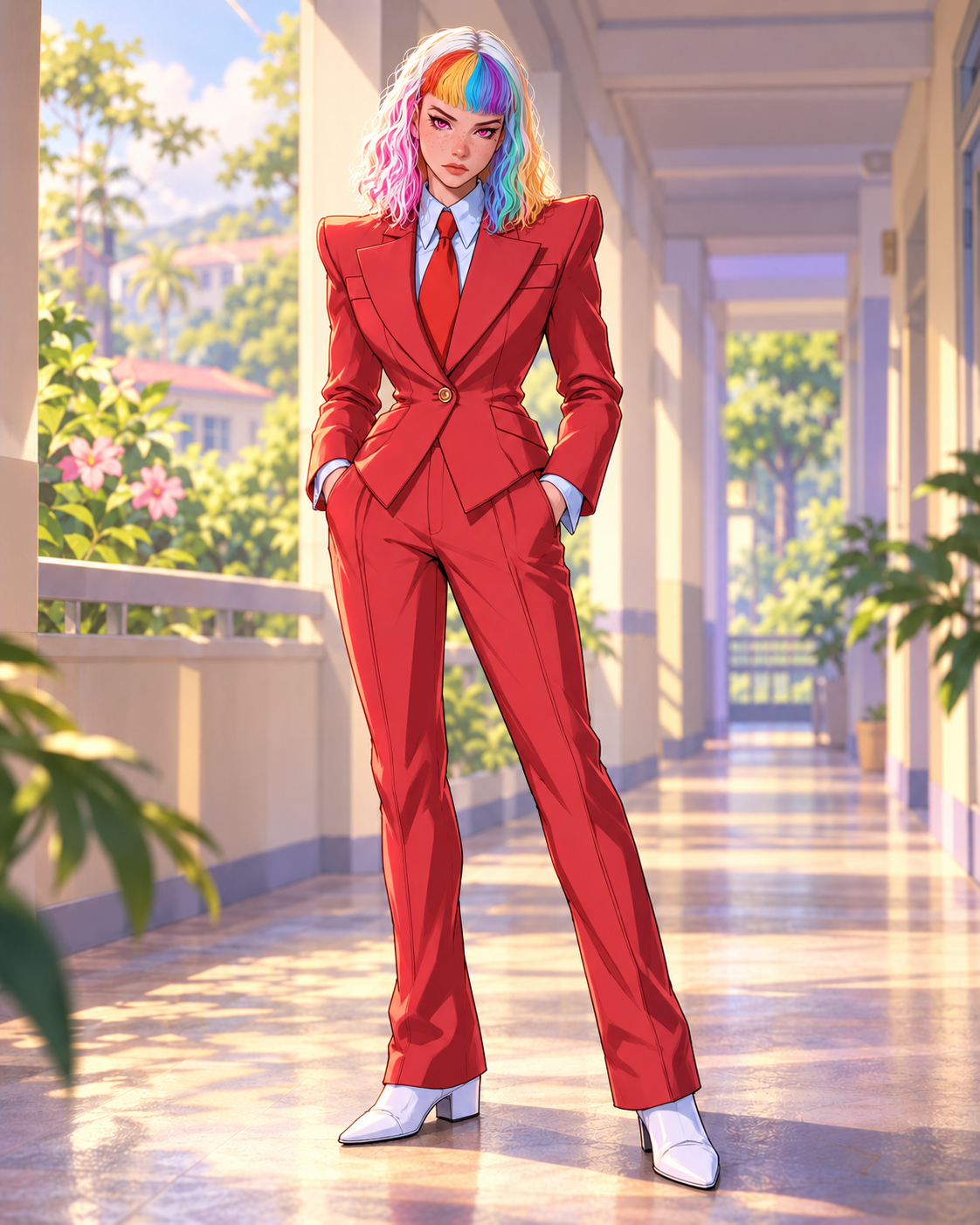 Bijou with white-and-rainbow hair, wearing a broad-shouldered red suit and white boots.
