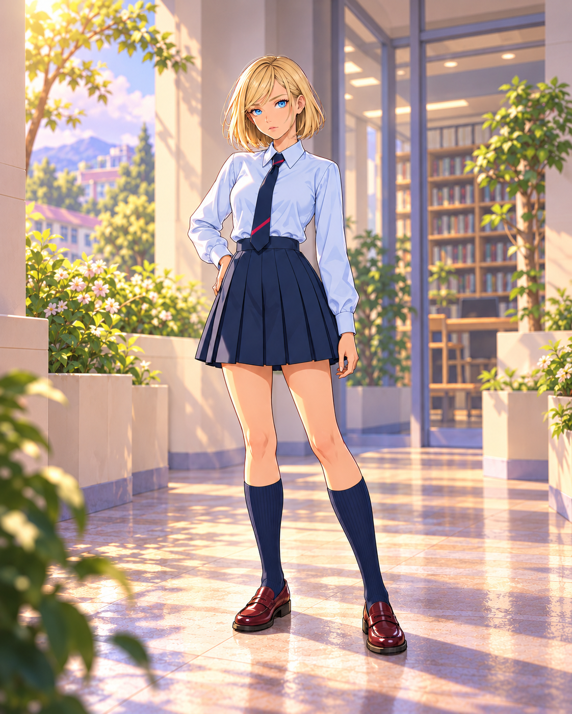 Electra with a blonde bob, ice-blue blouse, navy skirt, knee socks and burgundy loafers.