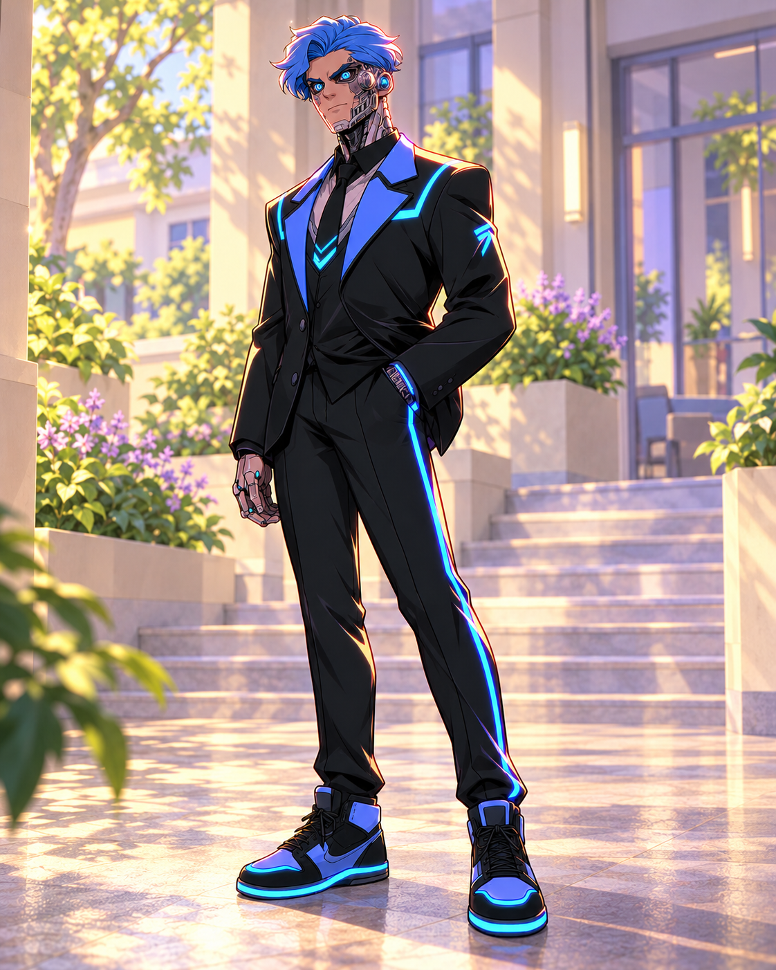 Eph with blue hair and visible facial cybernetics, wearing a black-and-cyan suit and high-top shoes.