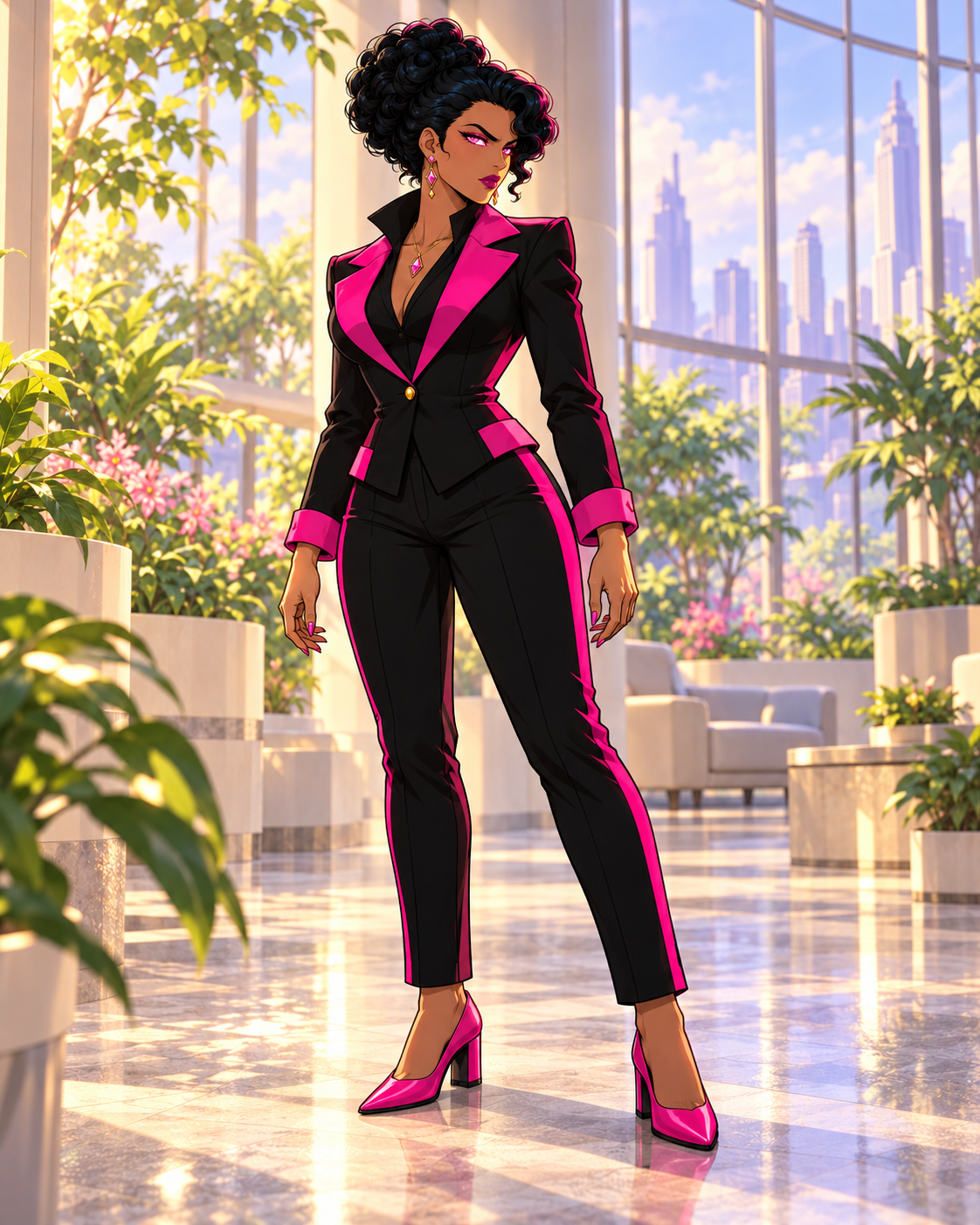 Ingrid with a black curled updo, wearing a black-and-fuchsia suit and pink pumps.