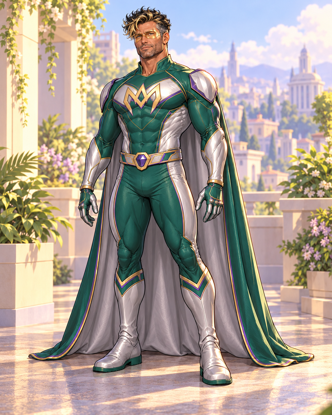 John Majesty with a gold mask, emerald-and-silver superhero suit and an emerald cape.