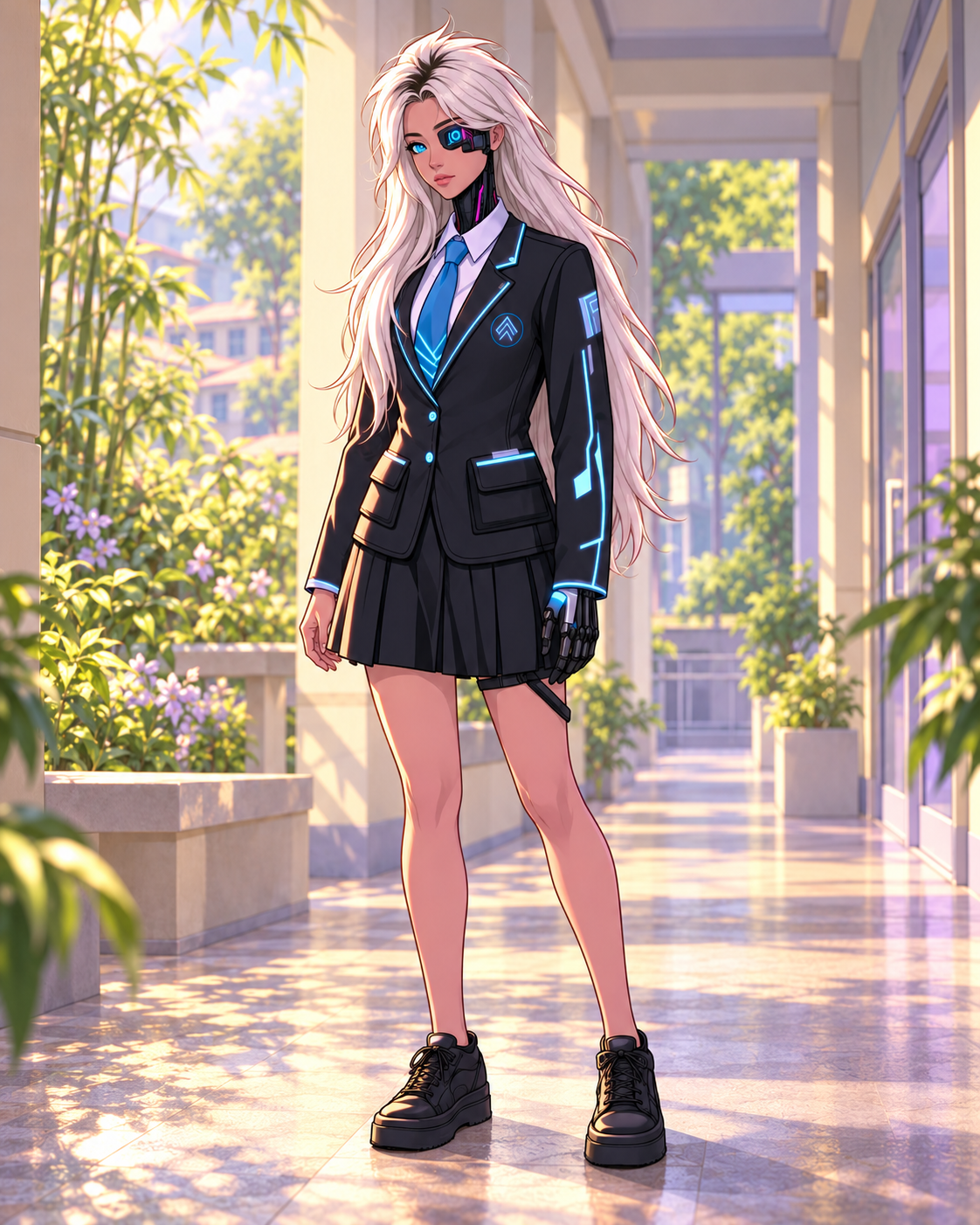 Lunessa with silver-white hair and facial optics, wearing black-and-cyan schoolwear and black platform shoes.