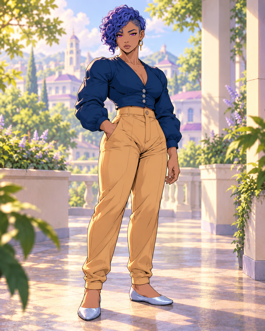 Majesty with cobalt-violet curls, wearing a navy puff-sleeve blouse, camel trousers and silver flats.
