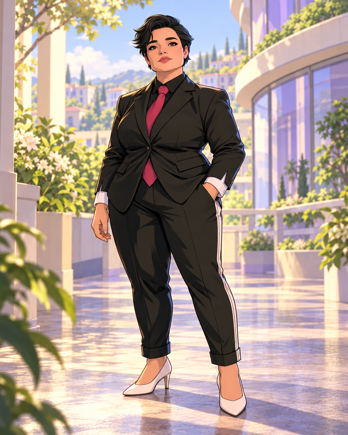 Melody in a charcoal executive suit, raspberry tie and ivory pumps in a sunlit arcade.
