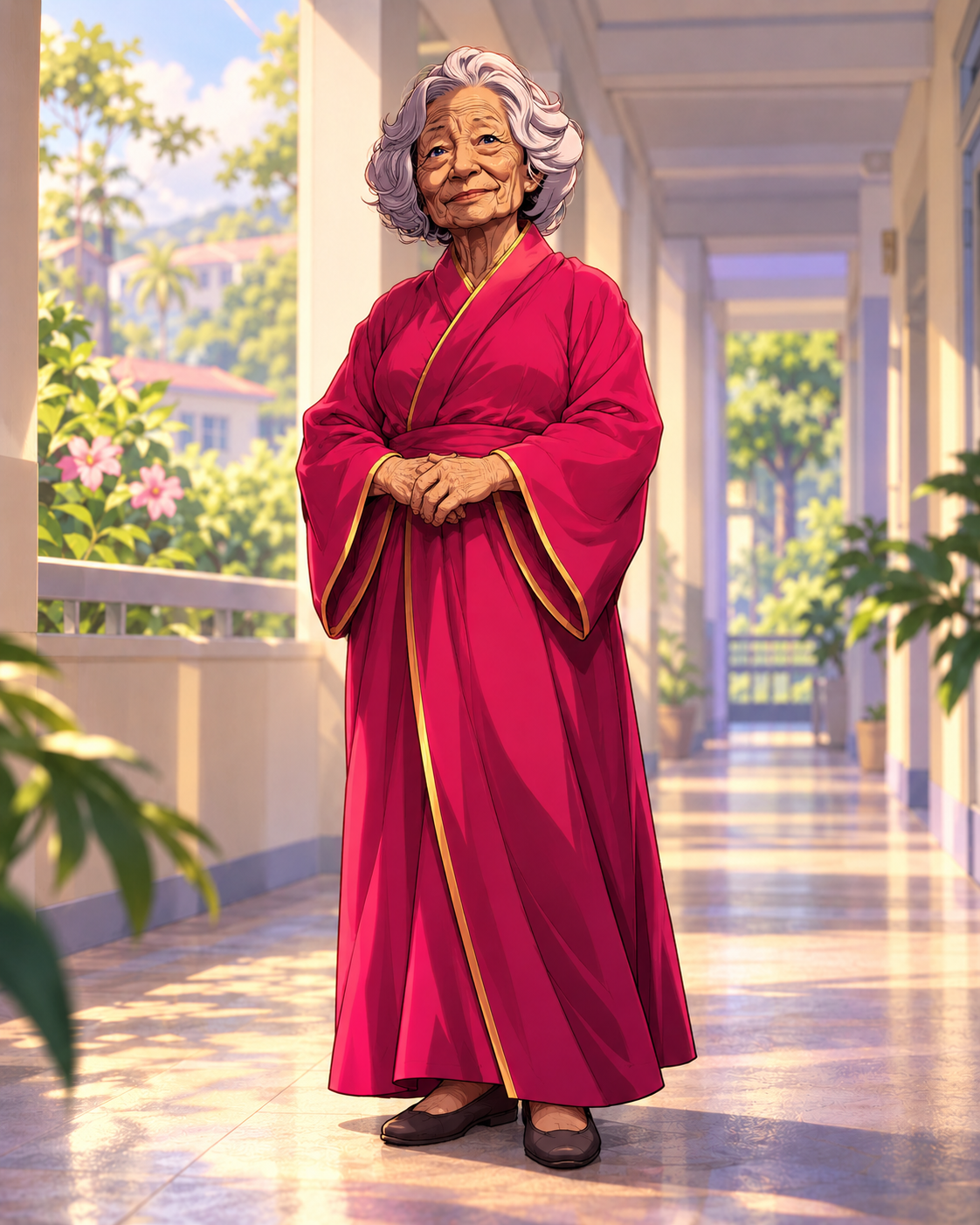 Historical interpretation of Donna with silver hair and a magenta-and-gold robe, with the full robe and flats completed illustratively.