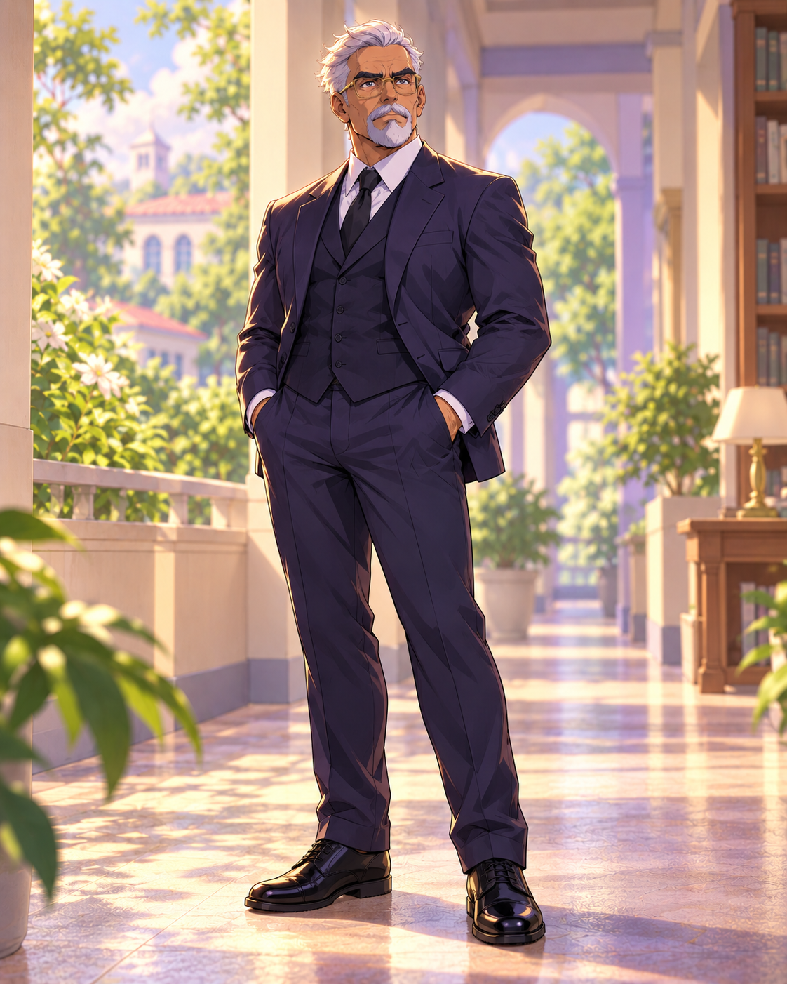 Goose with swept silver hair, gold glasses and a suit, completed as a full-figure interpretation.
