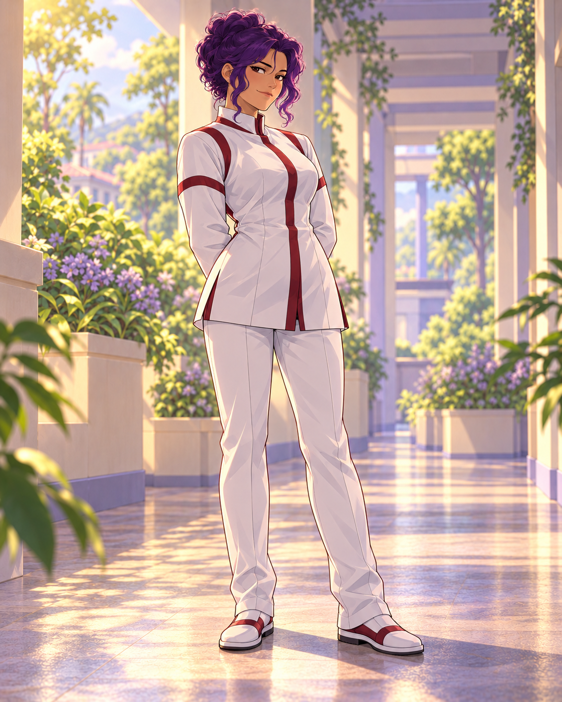 Ida with purple curls, wearing an interpreted full white-and-maroon professional uniform.