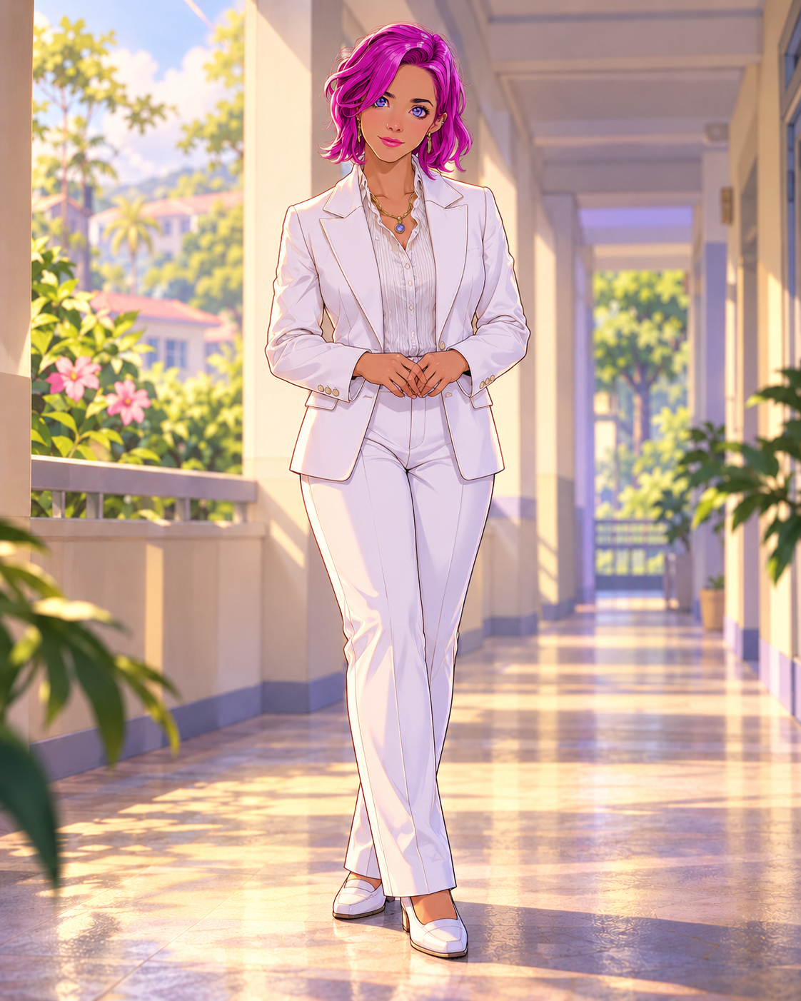Lyra with a magenta bob and white suit, completed as a full-figure interpretation.