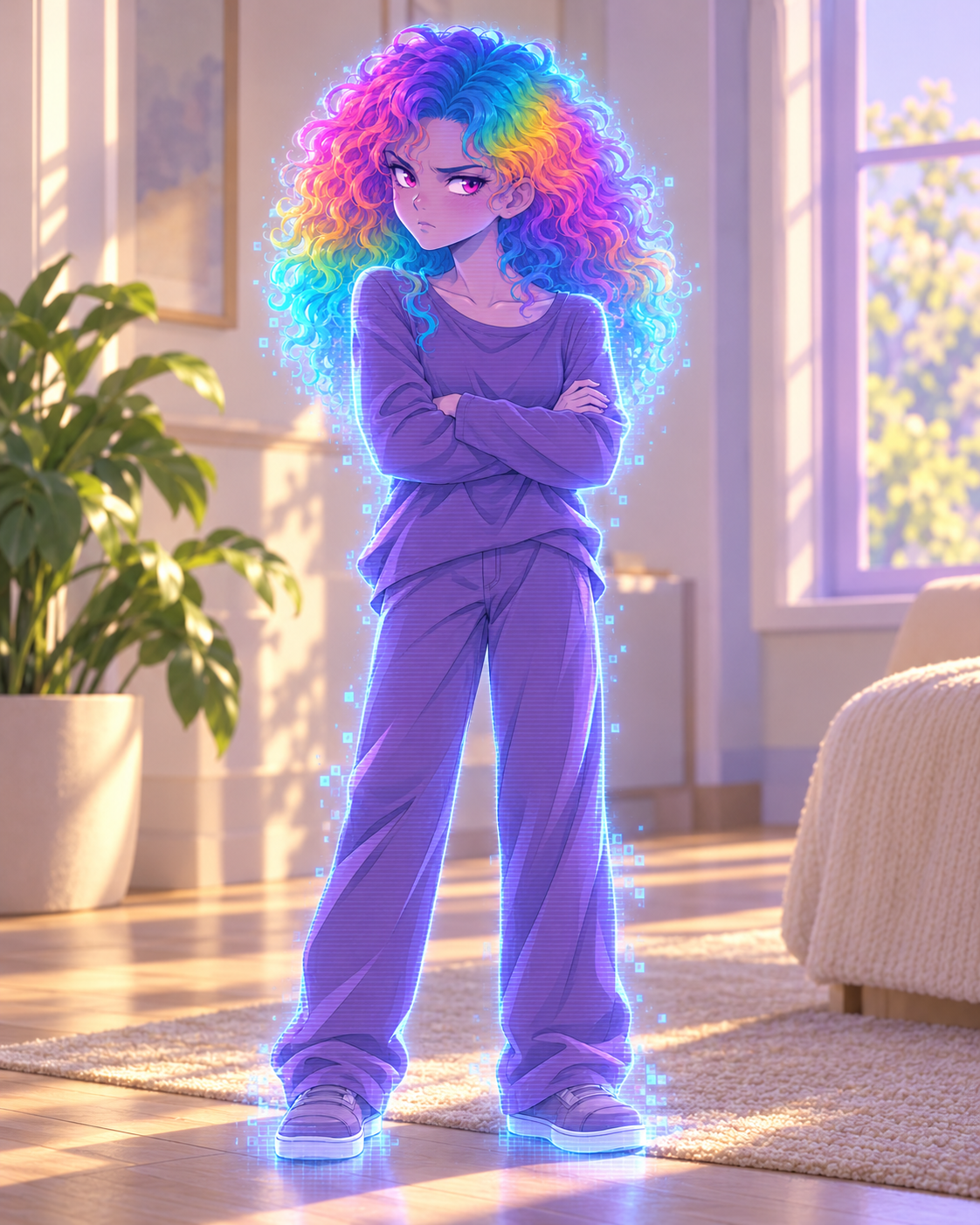 Mallory’s teenage holographic avatar with rainbow curls, pink eyes and an interpreted lavender projected figure.