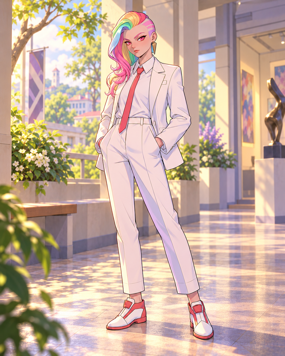 Monday with rainbow side-swept hair, wearing a white suit, coral tie and red-and-white shoes.