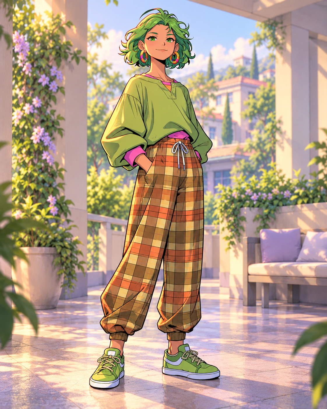 Rosario in a casual olive-and-pink pullover, plaid joggers and green sneakers.