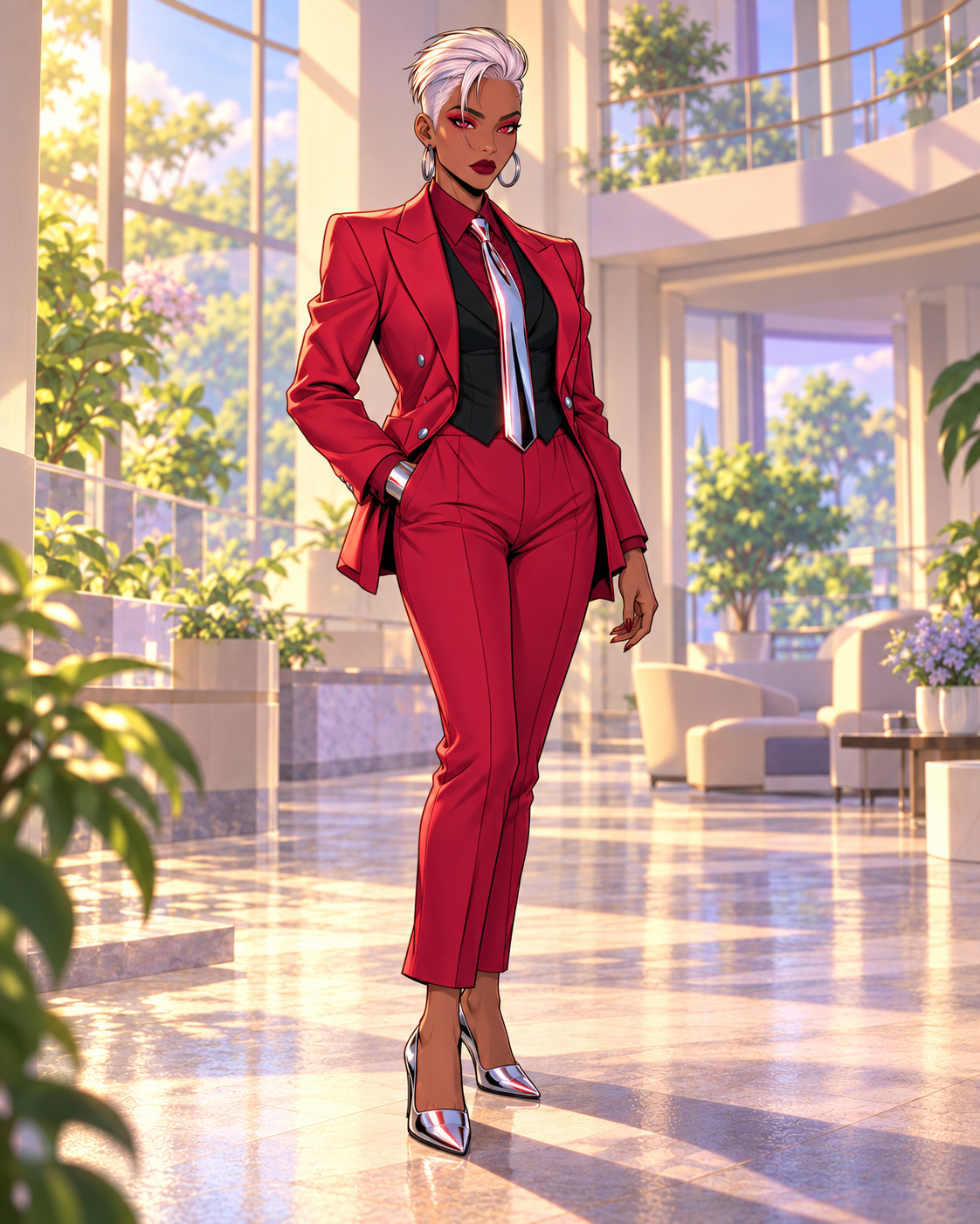 Ruby with swept silver hair, wearing a crimson executive suit and chrome tie.