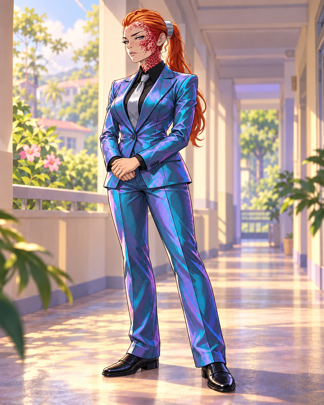 Scarlet with red facial scales and a copper ponytail, wearing an iridescent executive suit with interpreted lower clothing.