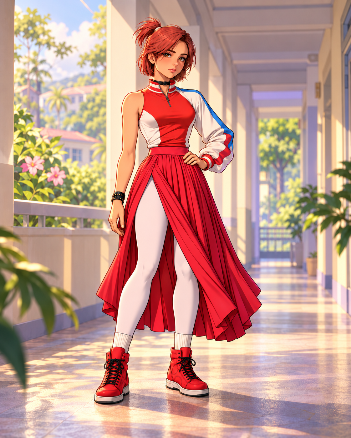 Tessa with an auburn bob, asymmetrical ivory top, red skirt, opaque white tights and red sneakers.