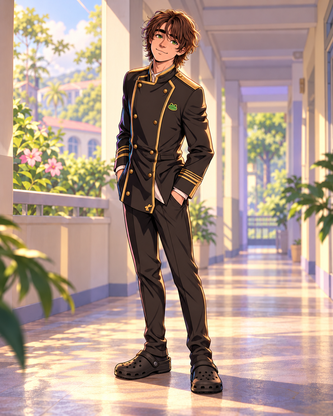Todd with brown hair and freckles, wearing a black-and-gold tunic, trousers and black clogs.