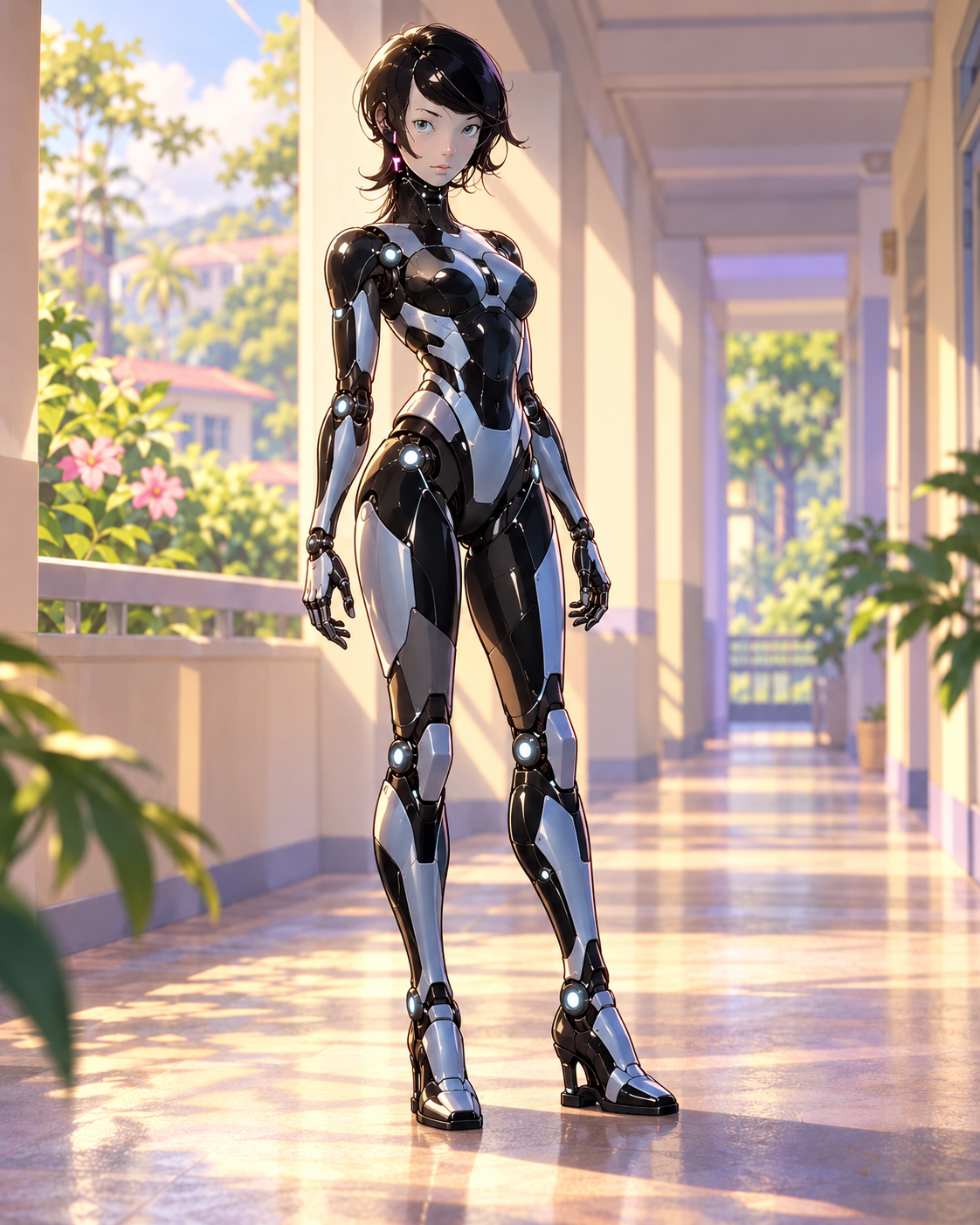 Io’s ID-based android presentation, with a pale gray face, short black hair and interpreted segmented lower mechanics.