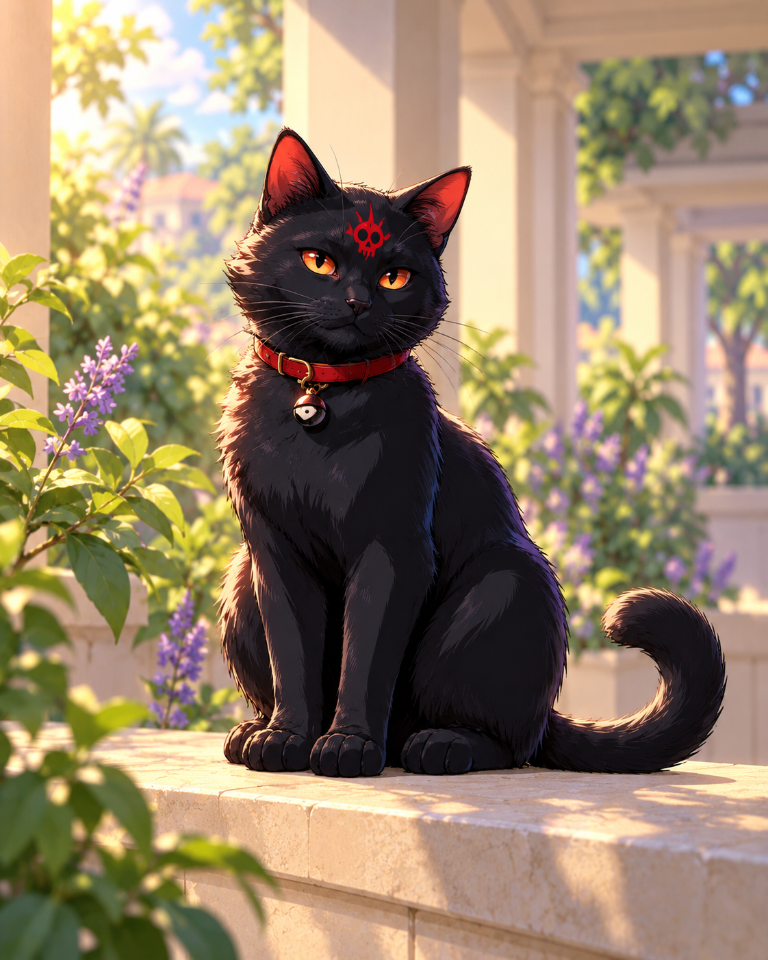 Janet’s red-skull ID version as a natural black cat with orange eyes, complete paws and tail visible.