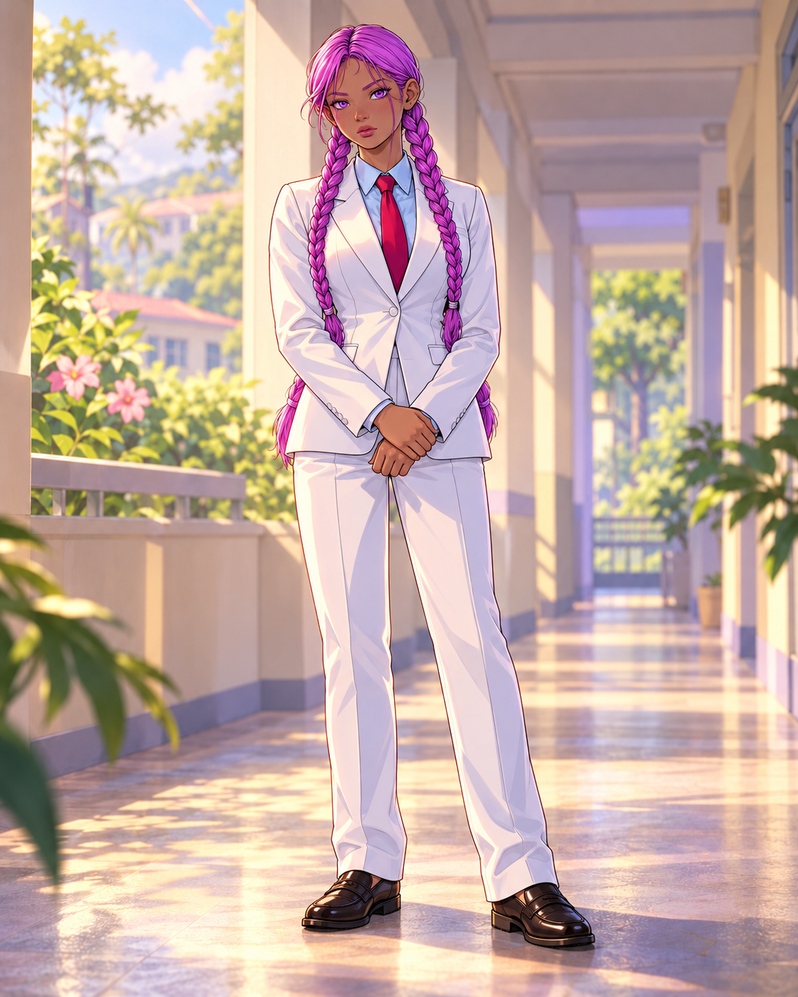 ID-based interpretation of Justice with twin pink-violet braids, pale blue shirt, red tie and interpreted white trousers.