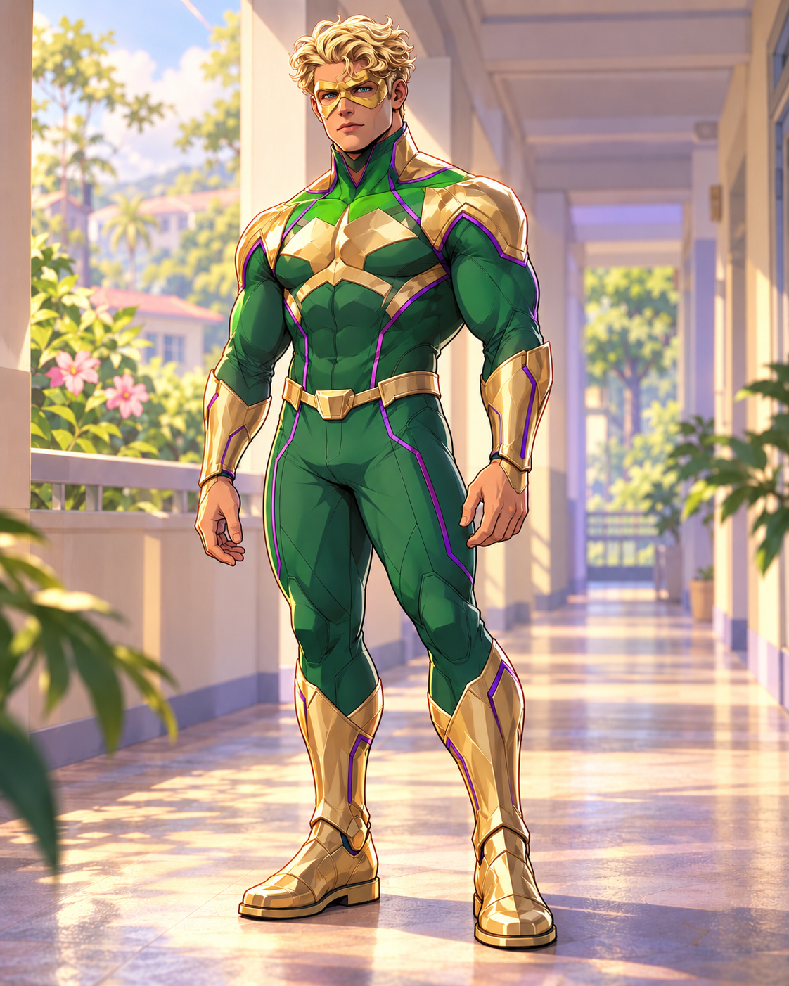 Mr. Majesty’s gold-mask and green-gold ID design, completed with interpreted trousers and boots.