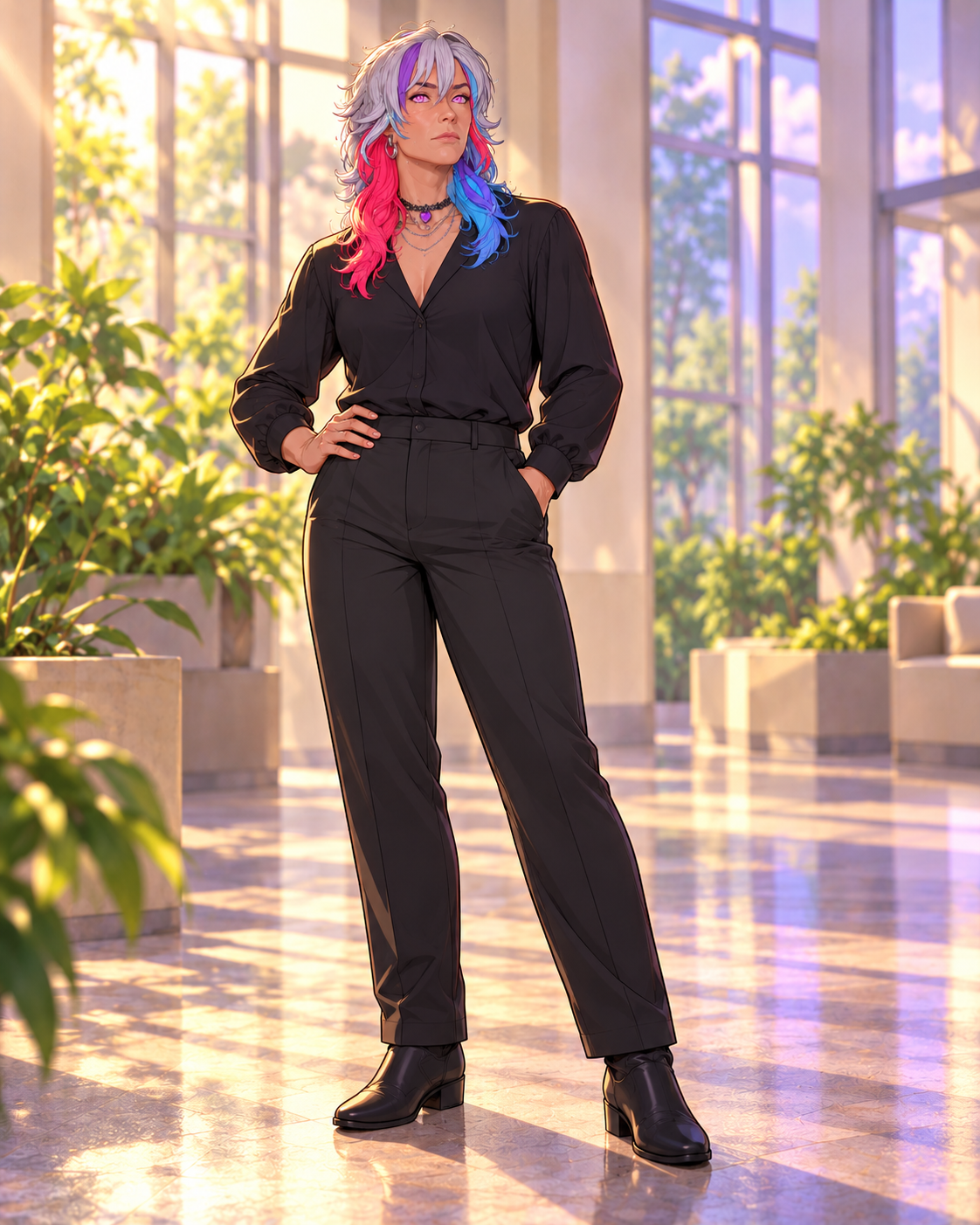 ID-based interpretation of Neon Nova with silver-pink-cyan hair, a heart choker and interpreted black clothing.