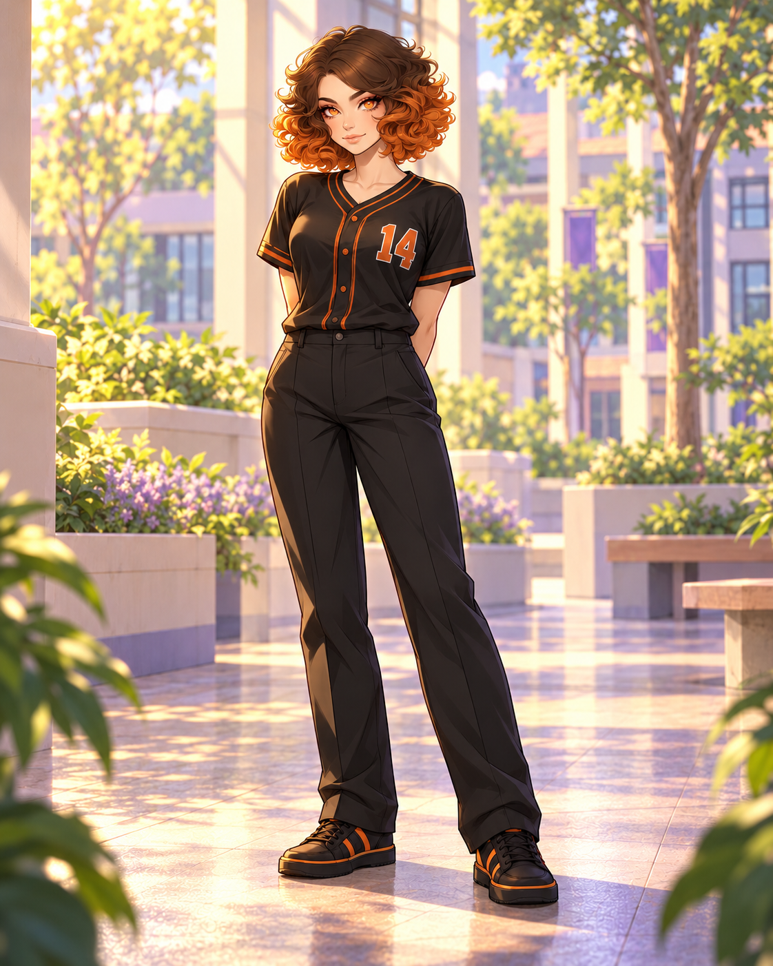 ID-based interpretation of Quinn with a copper-brown curly bob, orange-black jersey fourteen and interpreted trousers.