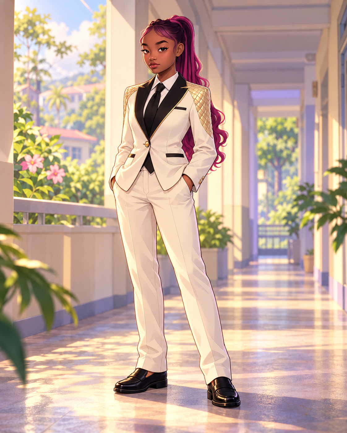 ID-based interpretation of Valentine with a magenta ponytail, ivory jacket, gold-quilted shoulders and interpreted full suit.