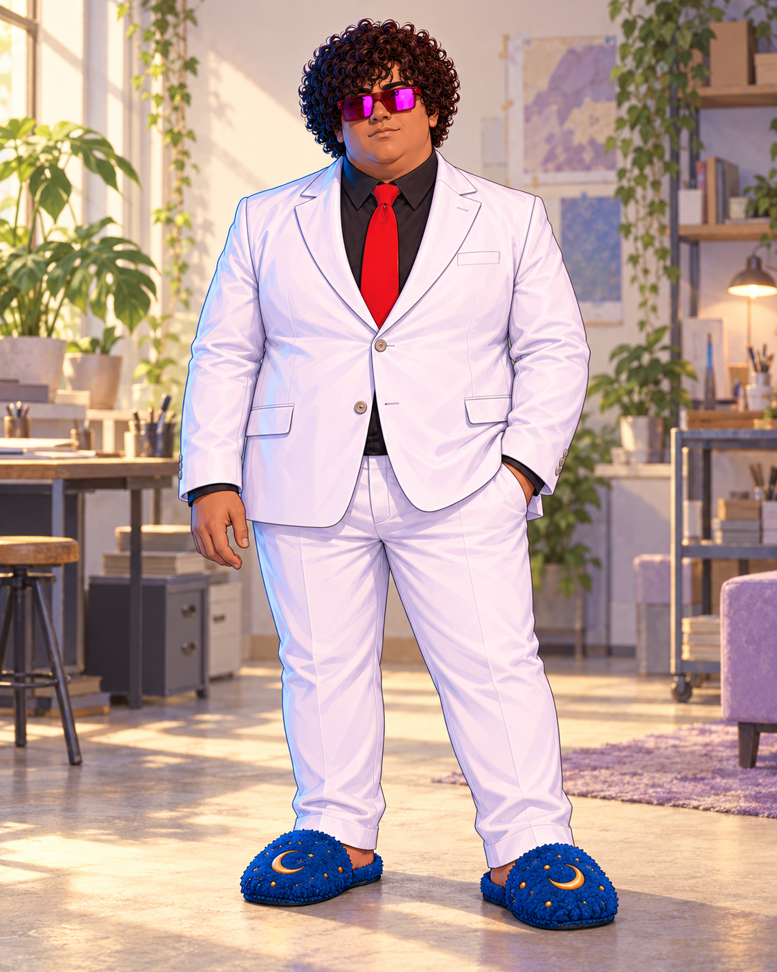 Aurelio Luna with dark curls and magenta glasses, wearing a white suit, red tie and blue crescent-moon slippers in a softly lit workshop.