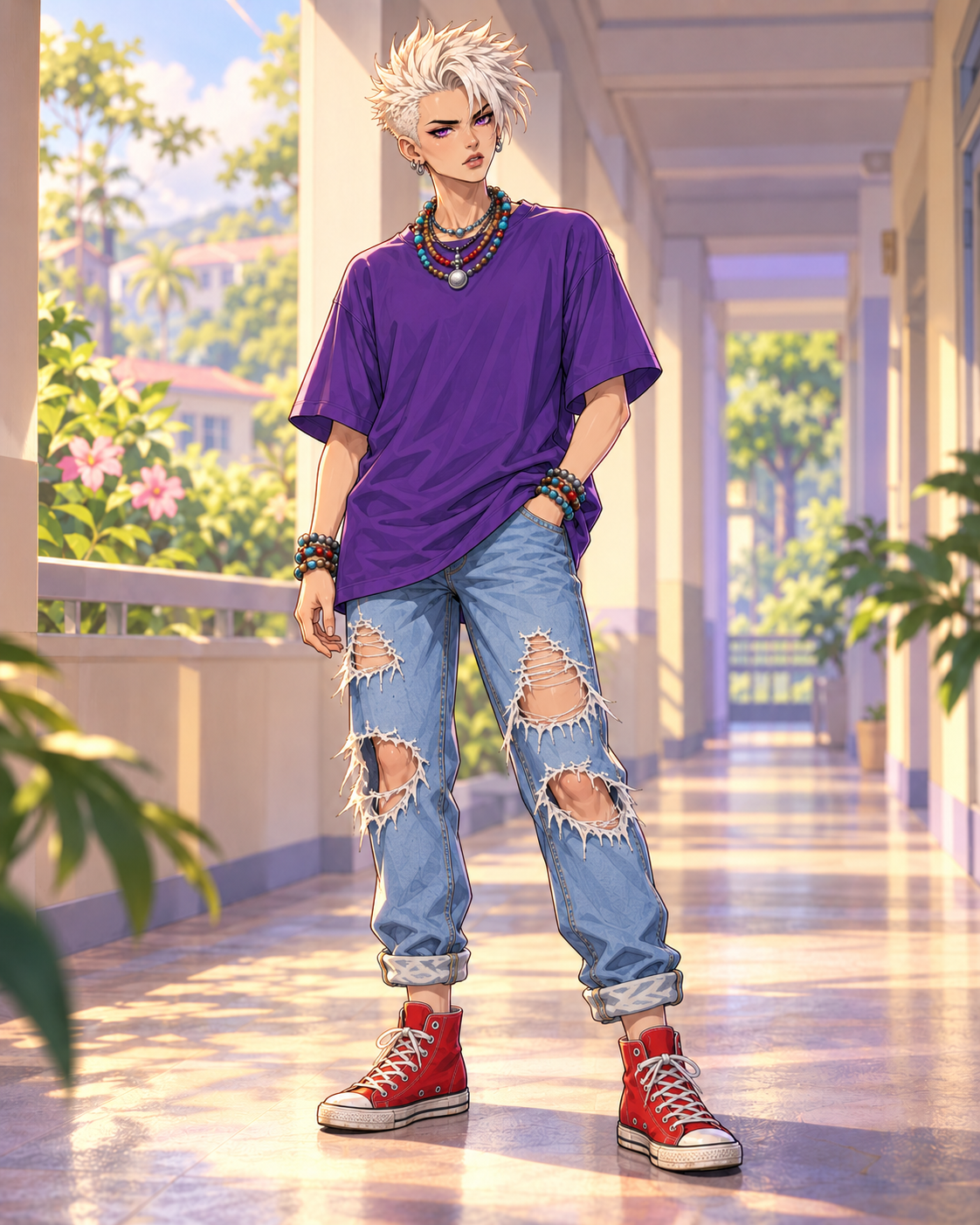Adult Dread with white spiky hair, a purple shirt, layered beads, ripped jeans and red high-top shoes in a school courtyard.