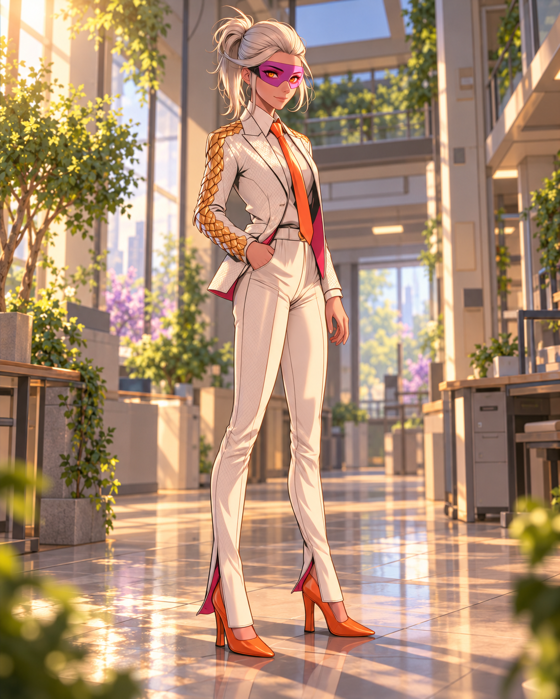 Eury wearing a magenta mask, textured white suit, orange tie and heels in a sunlit arcade.