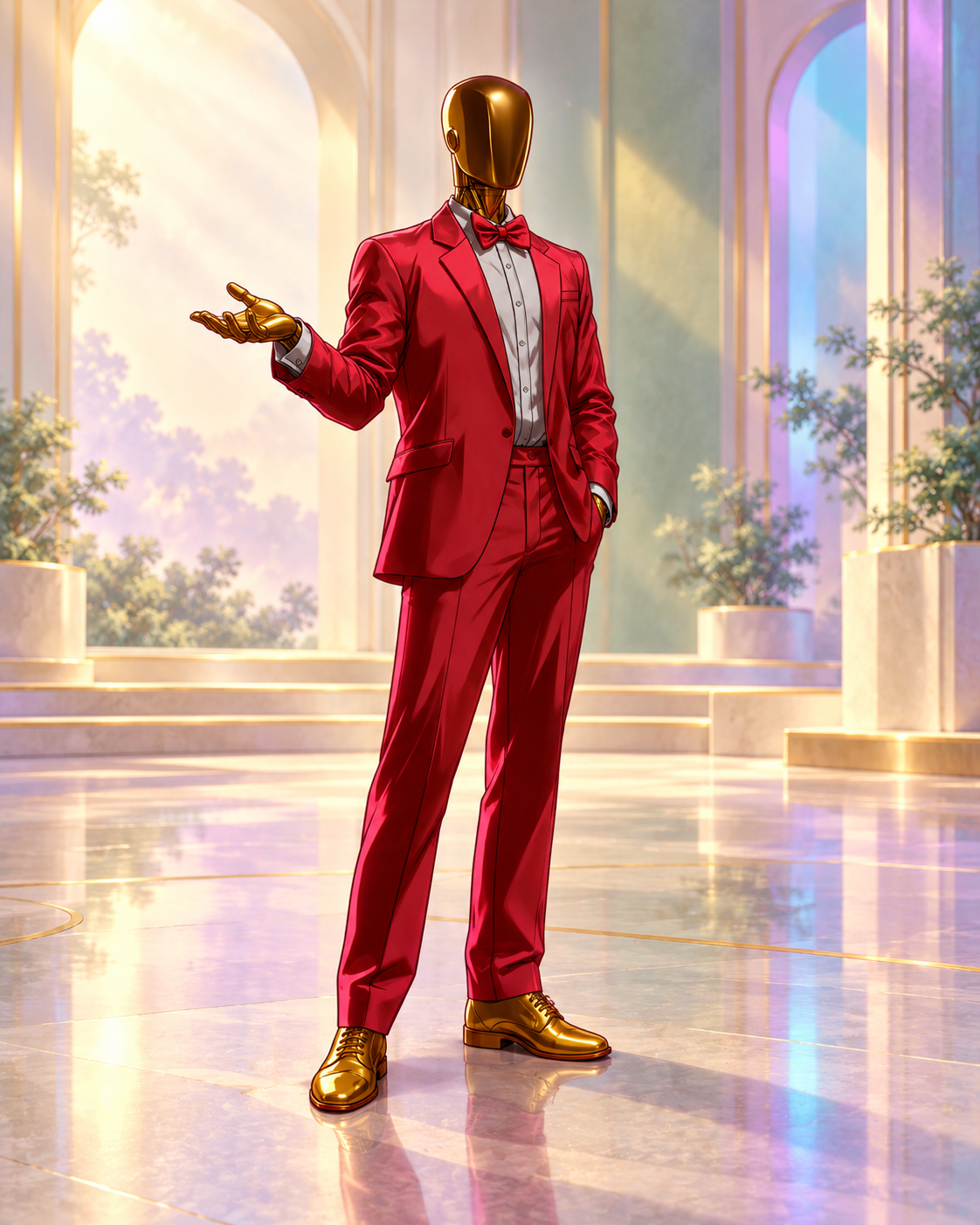 Helios's faceless golden avatar in a red suit and bow tie, gesturing with an open hand in a softly lit presentation space.