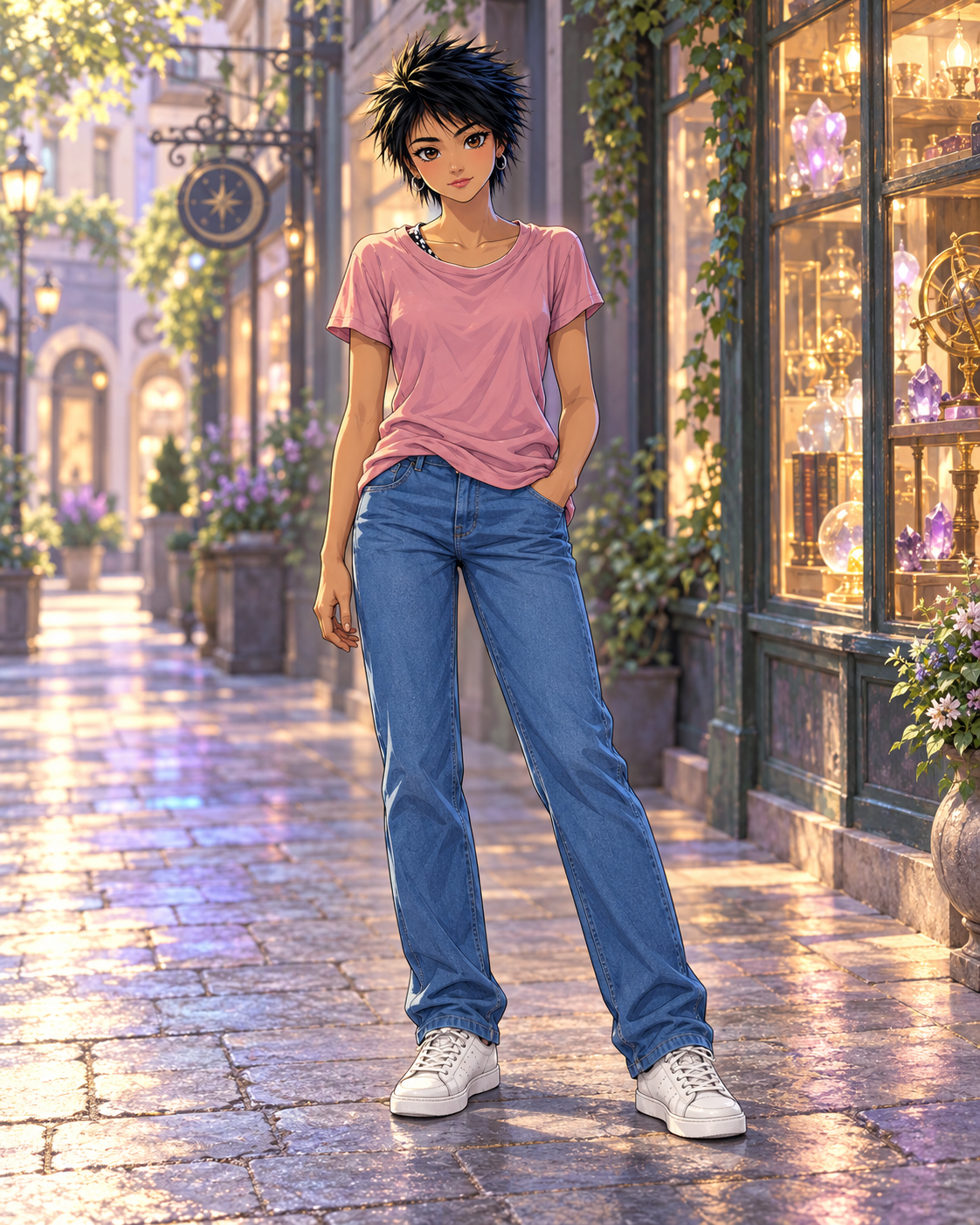 Jenny with short spiky black hair, silver hoops, pink tee, blue jeans and white sneakers on a softly glowing pedestrian street.
